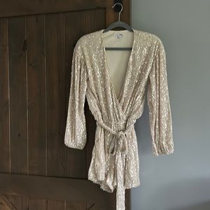 Fashion Nova Plunge Gold Sequin Long Sleeved Romper